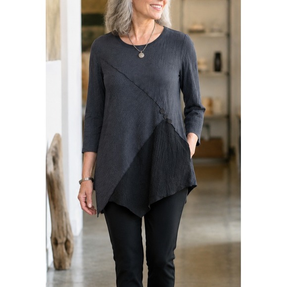 Habitat Tops - Habitat Asymmetrical Tunic Top Textured Crinkle Gray Colorblock Small Lagonlook